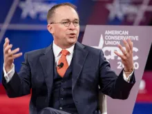 Mick Mulvaney speaks at a February 2020 event.
